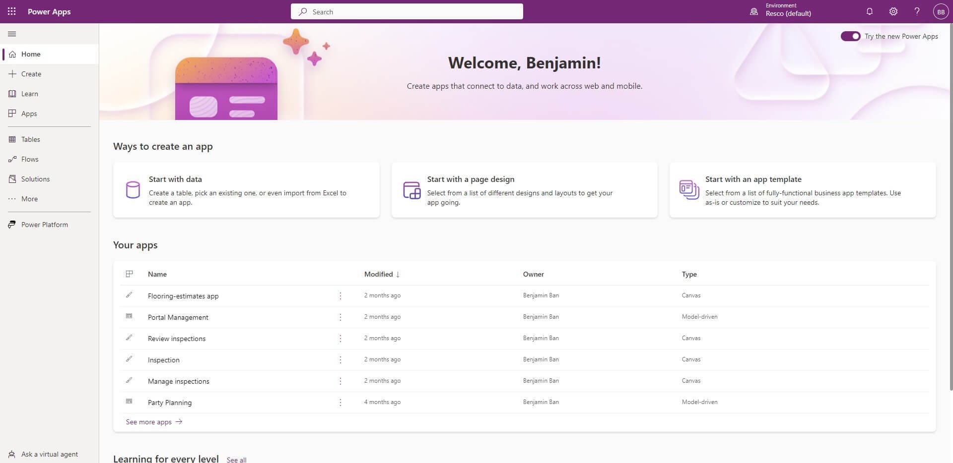 Dataverse screenshot of the app.