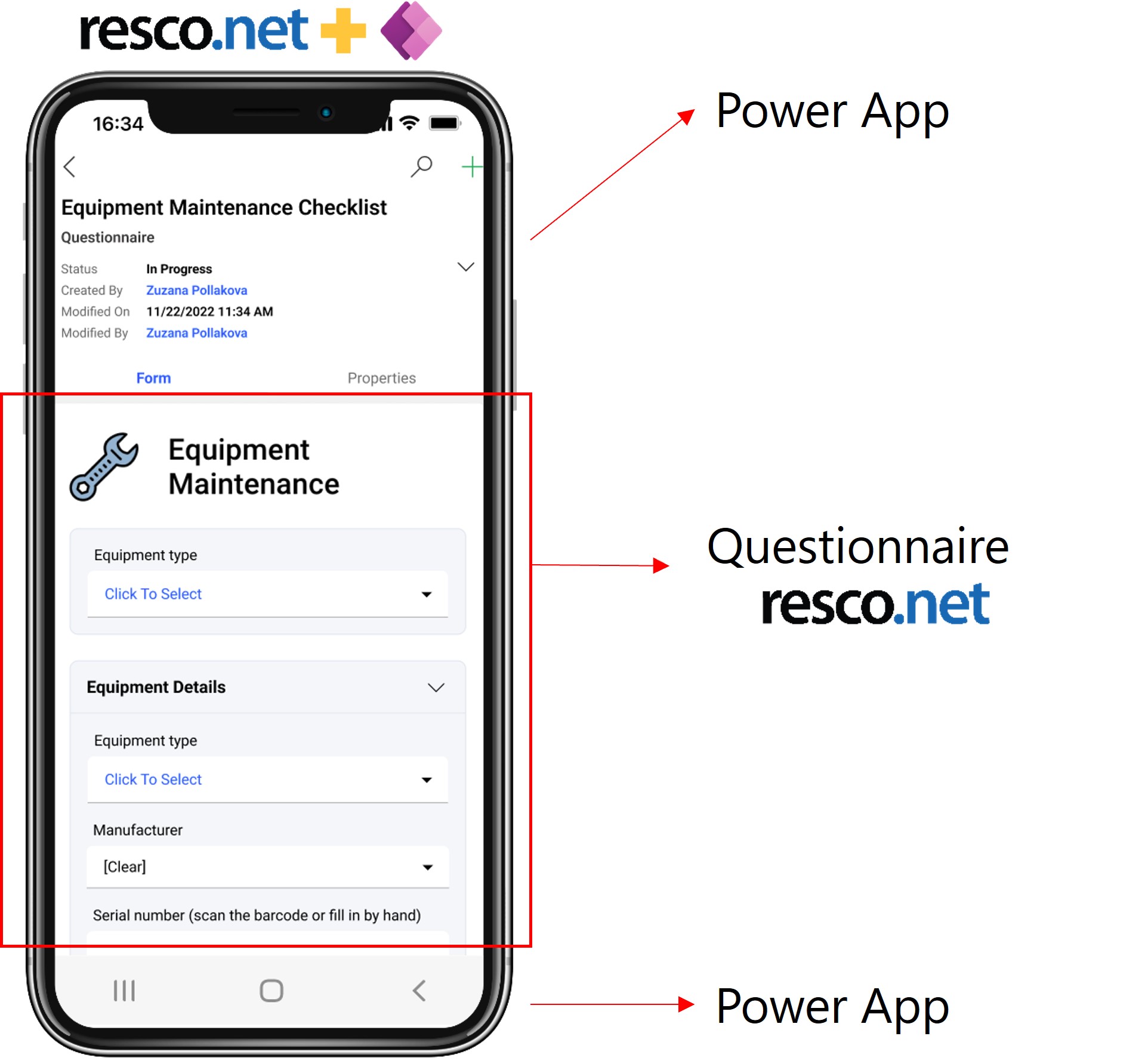 An example of Microsoft Power Apps with integrated Resco questionnaire
