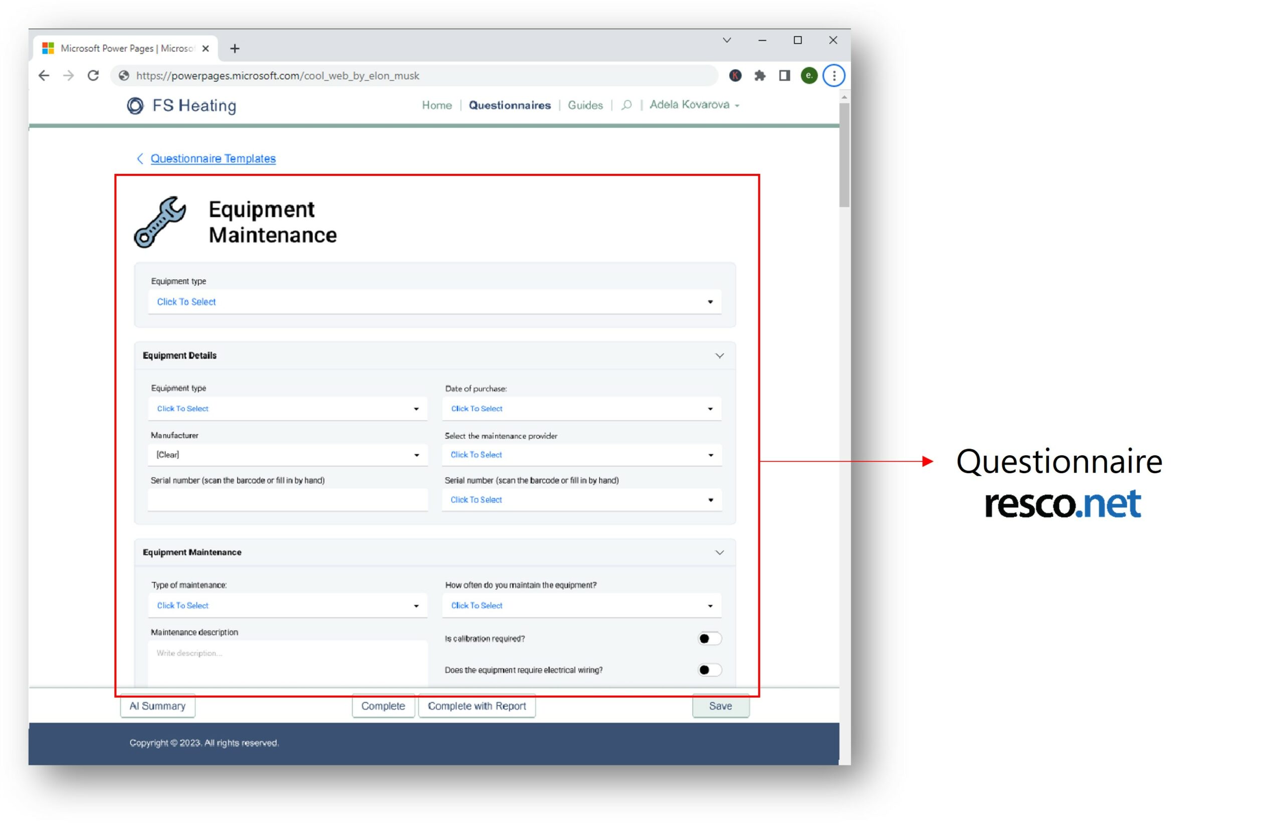 An example of a Microsoft Power Page with embedded Resco questionnaire
