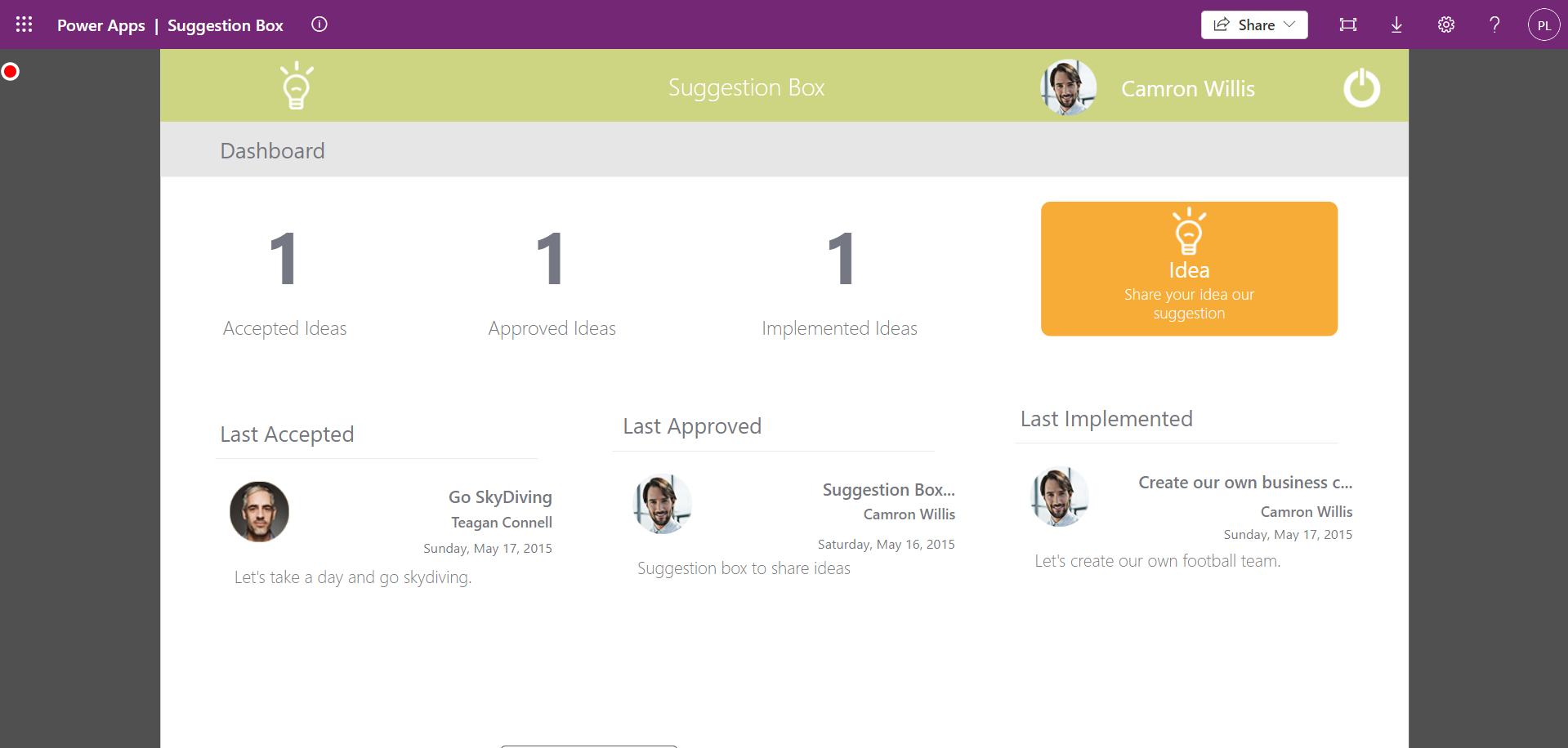 A suggestion box canvas app build in Microsoft Power Apps